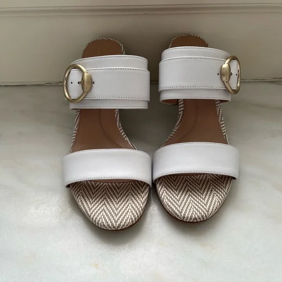 Cole Haan Size 9 Stacked Block Heel Slides White Woven Matte Gold Buckle NWB - Picture 4 of 9